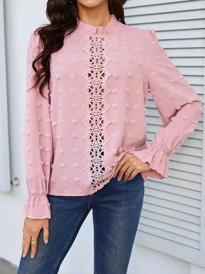 Swiss Dot Mock Neck Flounce Sleeve Blouse Trendsi OMDEL.COM