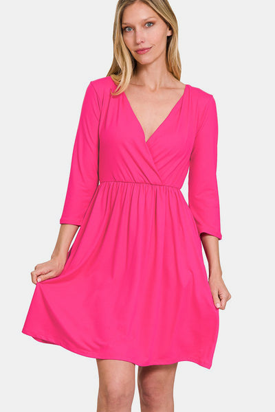 Zenana Three-Quarter Sleeve Surplice Dress with Pockets Trendsi OMDEL.COM