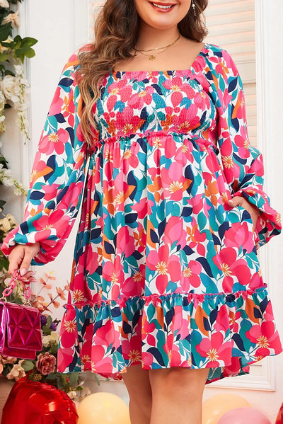 Plus Size Smocked Floral Square Neck Balloon Sleeve Dress Trendsi OMDEL.COM