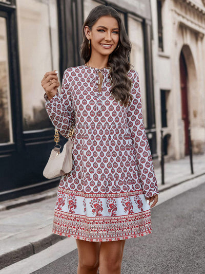 Printed Tie Neck Long Sleeve Dress Trendsi OMDEL.COM