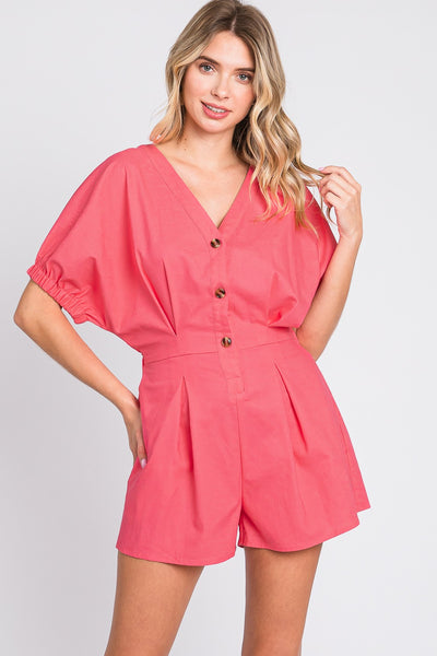 GeeGee Half Button V-Neck Linen Romper - OMDEL.COM