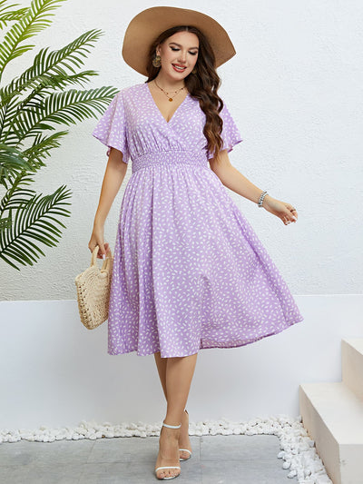 Honey Plus Size Printed Smocked Waist Surplice Dress Trendsi OMDEL.COM