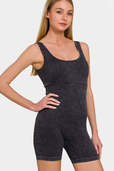 Zenana Washed Ribbed Romper with Pad Trendsi OMDEL.COM