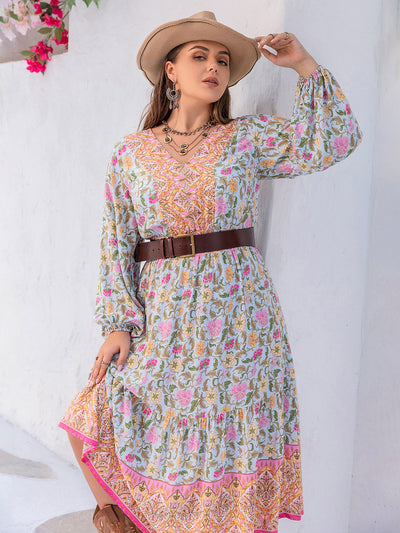 Plus Size Printed V-Neck Long Sleeve Dress Trendsi OMDEL.COM