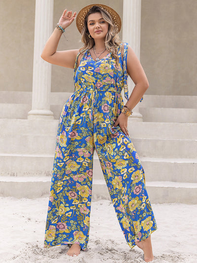 Plus Size Printed V-Neck Wide Leg Jumpsuit - OMDEL.COM