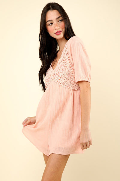 VERY J Lace Detail Puff Sleeve Romper with Pockets Trendsi OMDEL.COM