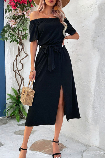 Perfee Tie-Waist Off-Shoulder Split Dress Trendsi OMDEL.COM