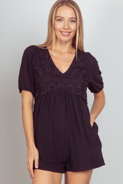 VERY J Lace Detail Puff Sleeve Romper with Pockets Trendsi OMDEL.COM