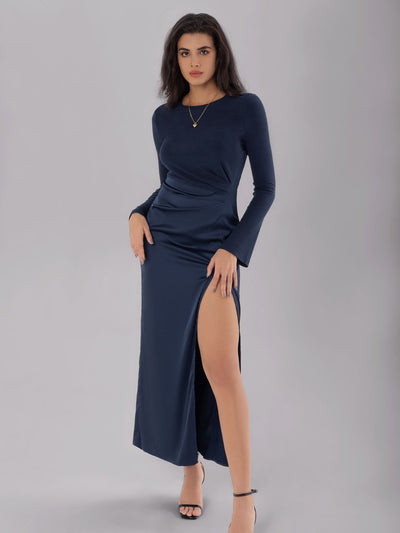 Split Round Neck Long Sleeve Midi Dress Trendsi OMDEL.COM