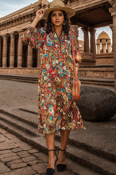 Printed Surplice Lantern Sleeve Midi Dress Trendsi OMDEL.COM