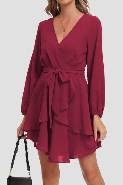 Tied Surplice Balloon Sleeve Layered Dress Trendsi OMDEL.COM