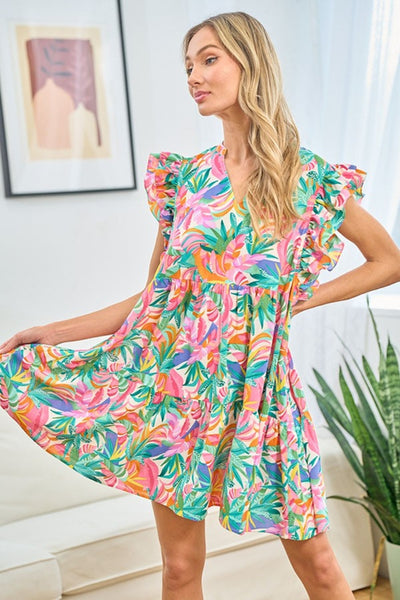 First Love Ruffled Printed Notched Cap Sleeve Dress Trendsi OMDEL.COM