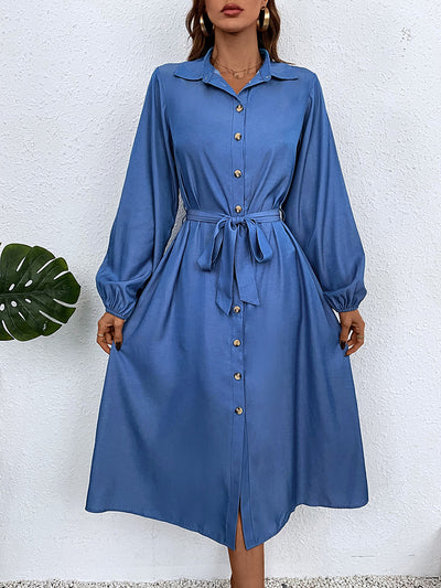 Honey Button-Down Tie Waist Collared Neck Dress Trendsi OMDEL.COM