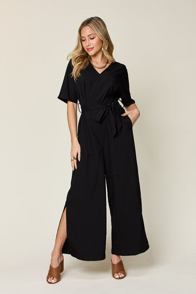 Double Take Full Size V-Neck Tied Side Slit Jumpsuit Trendsi OMDEL.COM