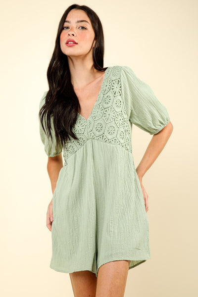 VERY J Lace Detail Puff Sleeve Romper with Pockets Trendsi OMDEL.COM