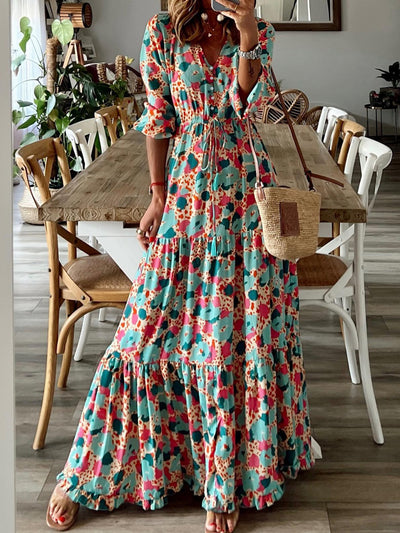 MeiMei Button Up Ruffle Hem Tiered Maxi Dress Trendsi OMDEL.COM