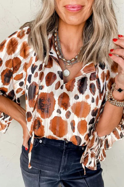 Printed Tie Neck Three-Quarter Sleeve Blouse Trendsi OMDEL.COM