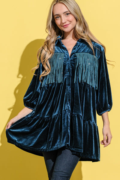 And The Why Fringe Detailed Velvet Shirt Dress Trendsi OMDEL.COM