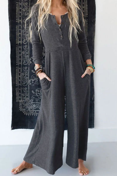 Pocketed Long Sleeve Wide Leg Jumpsuit - OMDEL.COM