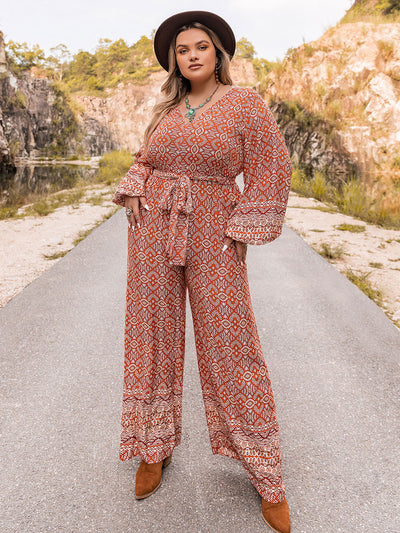 Plus Size Printed V-Neck Tie Front Balloon Sleeve Jumpsuit Trendsi OMDEL.COM