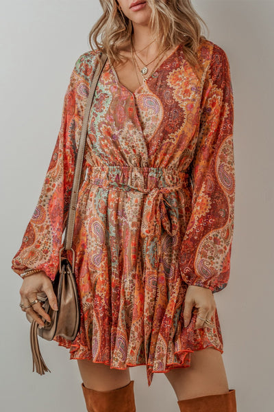 Printed Surplice Long Sleeve Mini Dress Trendsi OMDEL.COM