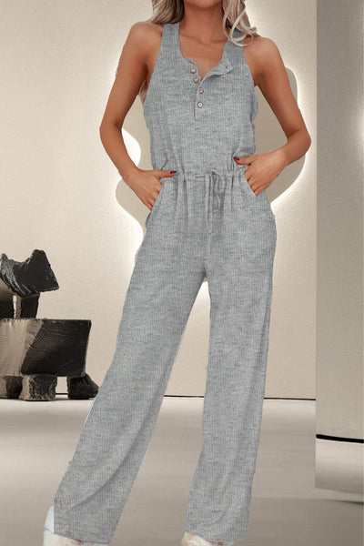 Drawstring Quarter Button Wide Strap Jumpsuit Trendsi OMDEL.COM