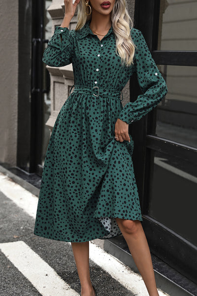 Perfee Printed Belted Long Sleeve Midi Dress Trendsi OMDEL.COM