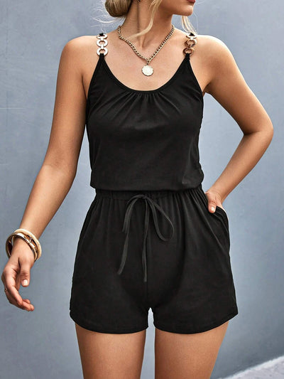 Pocketed Buckle Trim Scoop Neck Romper Trendsi OMDEL.COM