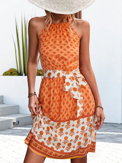 Floral Halter Neck Tie Waist Dress Trendsi OMDEL.COM