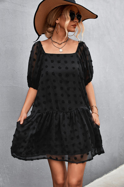 Swiss Dot Square Neck Half Balloon Sleeve Dress Trendsi OMDEL.COM