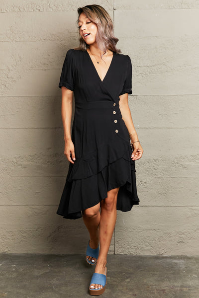 Perfee Decorative Button Surplice Ruffle Hem Dress Trendsi OMDEL.COM