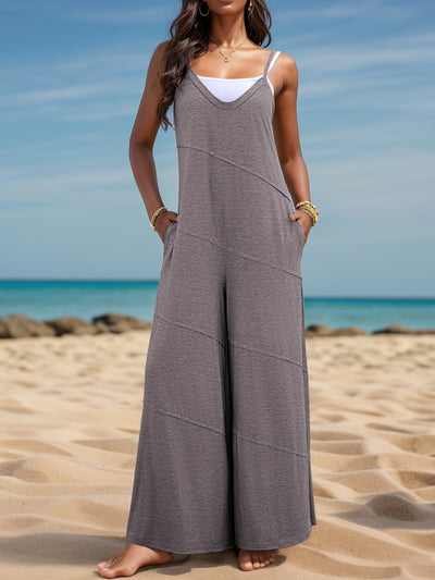 V-Neck Spaghetti Strap Wide Leg Jumpsuit - OMDEL.COM