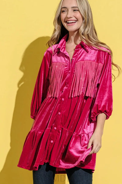 And The Why Fringe Detailed Velvet Shirt Dress Trendsi OMDEL.COM