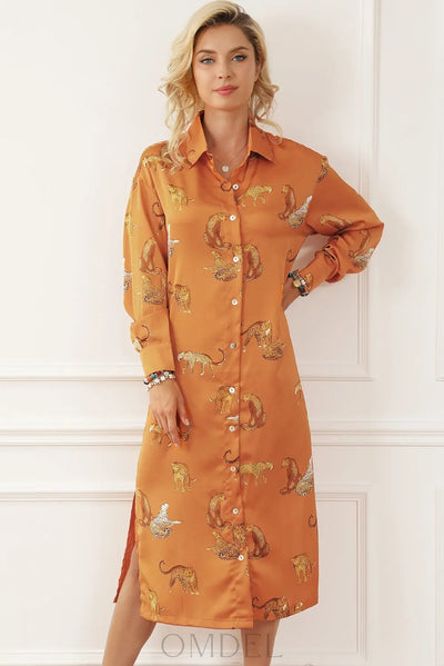 Animal Pattern Long Sleeve Slit Shirt Dress Trendsi OMDEL.COM