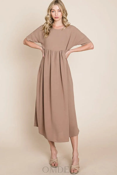 BOMBOM Round Neck Ruched Midi Dress Trendsi OMDEL.COM