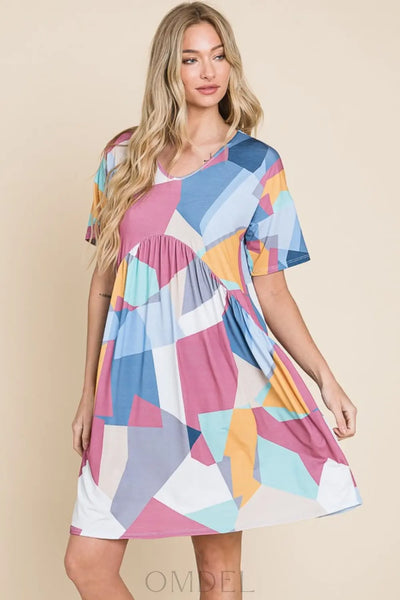 BOMBOM Ruched Color Block Short Sleeve Dress Trendsi OMDEL.COM