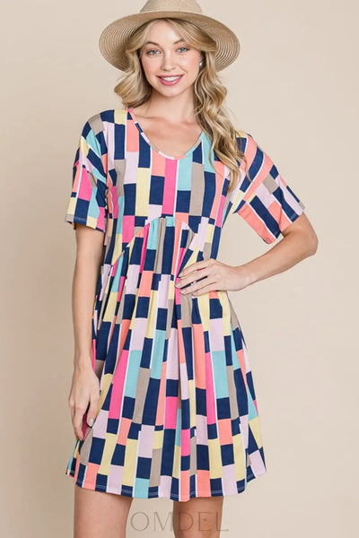 BOMBOM Ruched Color Block Short Sleeve Mini Dress Trendsi OMDEL.COM