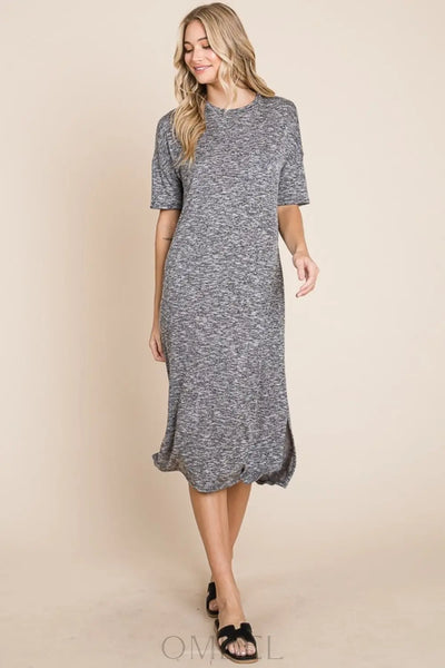 BOMBOM Slit Round Neck Half Sleeve Midi Dress Trendsi OMDEL.COM