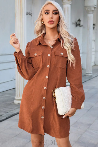 Button Down Puff Sleeve Dress Trendsi OMDEL.COM