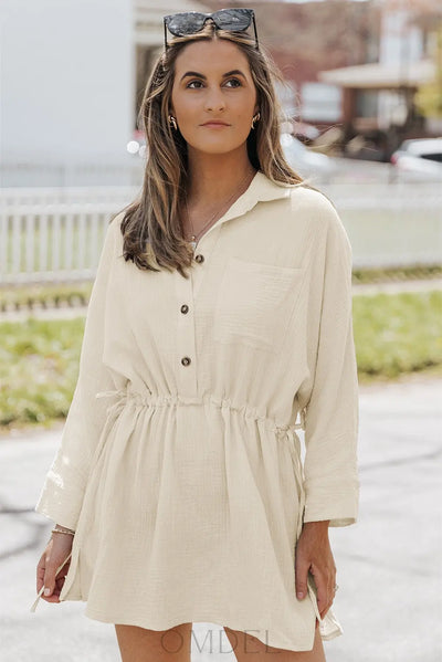 Button-Up Long Sleeve Collared Neck Mini Dress Trendsi OMDEL.COM