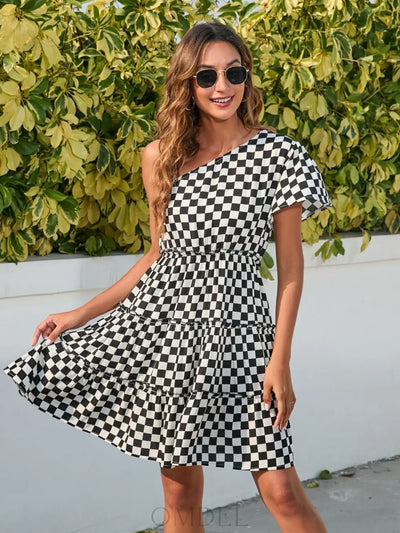 Checkered Single Shoulder Mini Dress Trendsi OMDEL.COM