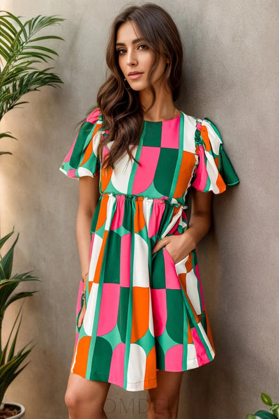 Color Block Round Neck Short Sleeve Dress Trendsi OMDEL.COM