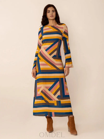 Contrast Round Neck Flare Sleeve Midi Dress Trendsi OMDEL.COM