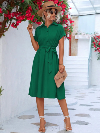 Cuffed Short Sleeve Belted Shirt Dress Trendsi OMDEL.COM