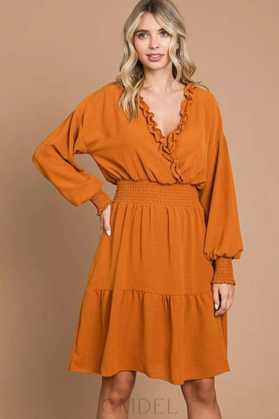 Culture Code Full Size Frill Smocked Lantern Sleeve Mini Dress Trendsi OMDEL.COM