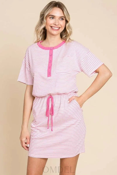 Culture Code Full Size Striped Short Sleeve Mini Dress with Pockets Trendsi OMDEL.COM