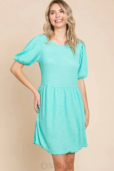 Culture Code Full Size Textured Round Neck Puff Sleeve Dress Trendsi OMDEL.COM