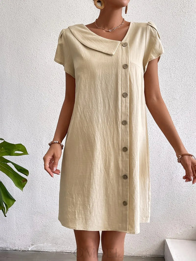 Decorative Button Asymmetrical Neck Short Sleeve Dress Trendsi OMDEL.COM