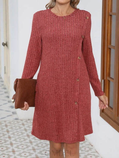 Decorative Button Round Neck Long Sleeve Dress Trendsi OMDEL.COM