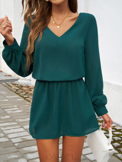 Devine Cutout V-Neck Long Sleeve Mini Dress Trendsi OMDEL.COM